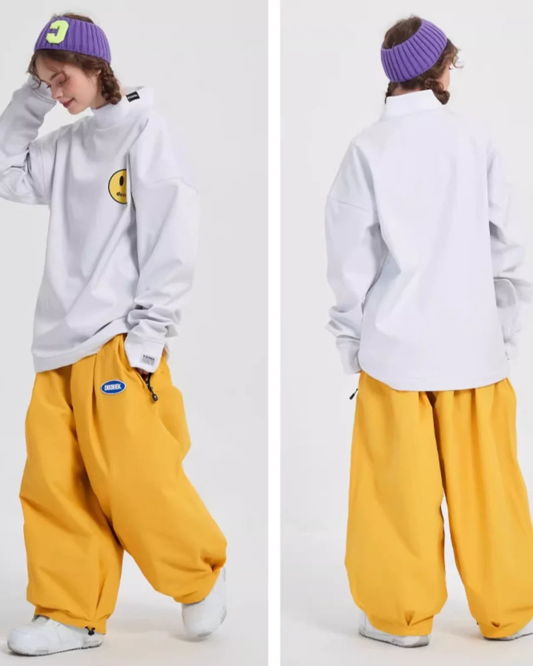 Back and side view of yellow trousers paired with a white sweatshirt and a purple knit headband