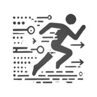 Running figure with arrows, symbolizing movement, durability, and high-performance techwear fashion.