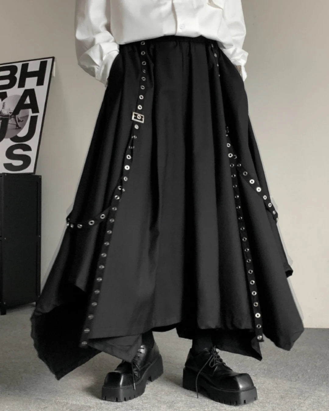 Side angle of black hakama pants highlighting modern design elements