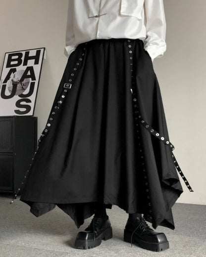 Front view of black hakama pants with unique metal eyelets and straps