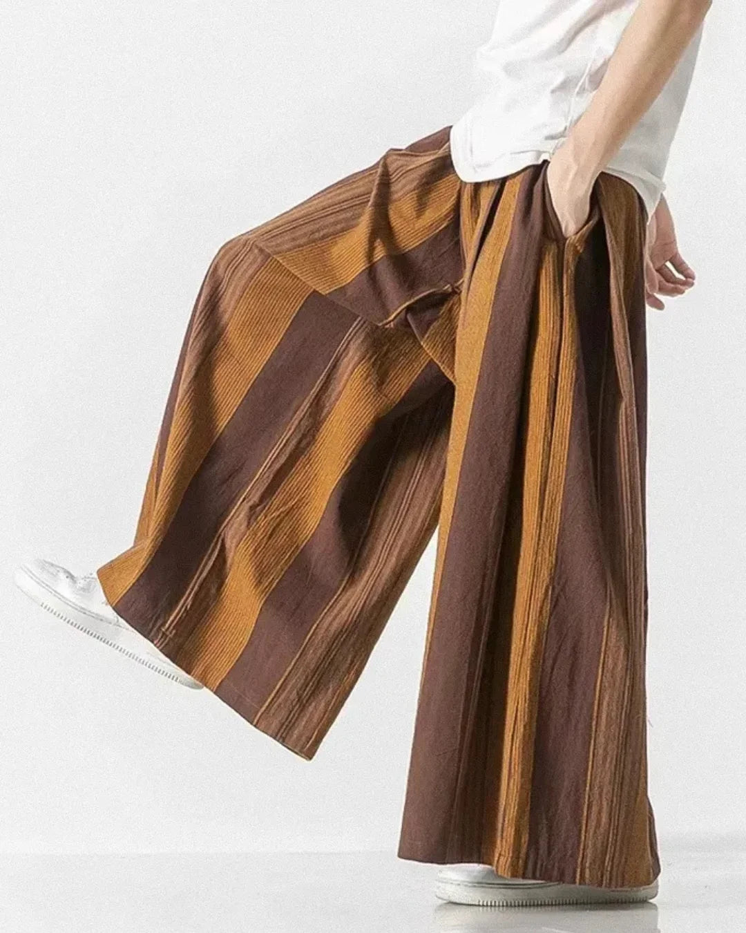 khaki striped wide leg trousers side view with earthy tones and relaxed fit