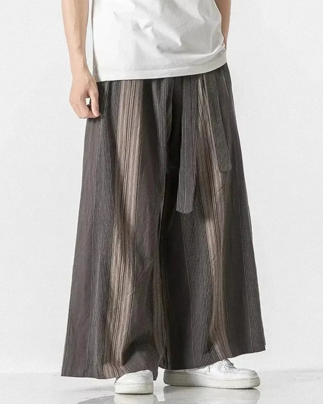 Gray striped wide leg pants with breathable fabric for chic casual wear