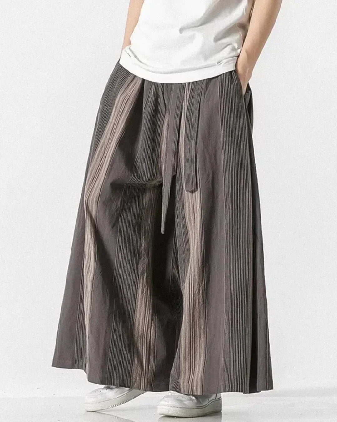 Gray striped wide leg pants side view, blending comfort and style seamlessly