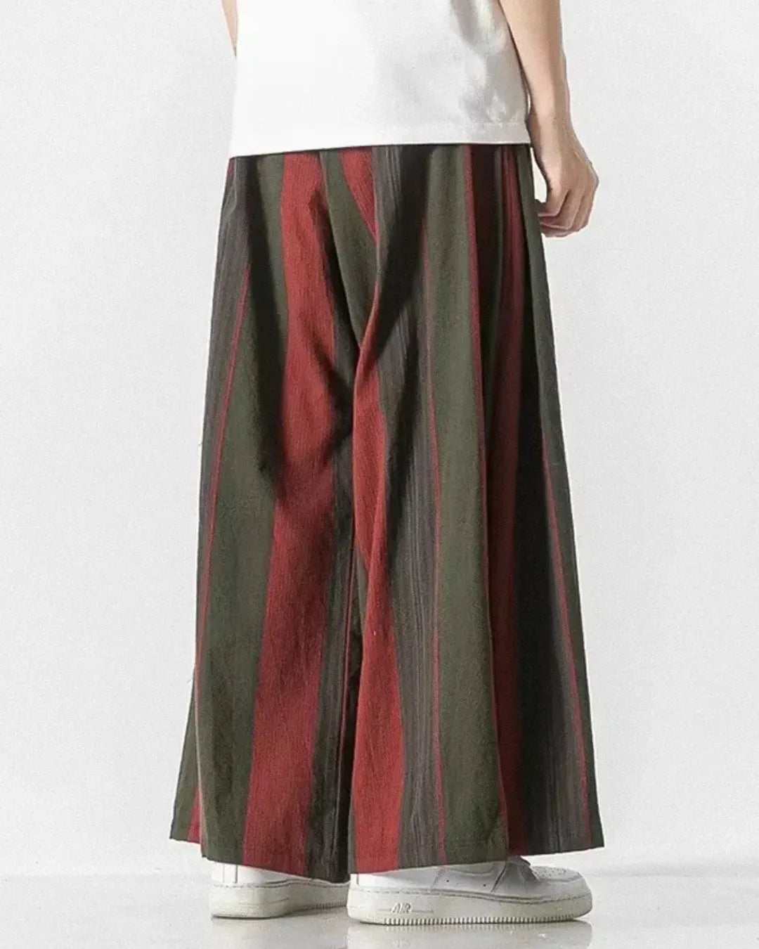 Red striped palazzo pants front view, ideal for casual or dressy occasions