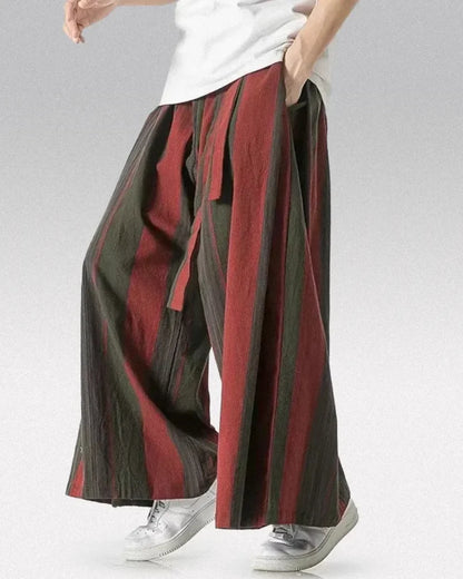 Red striped palazzo pants back view, featuring striking patterns for a trendy look